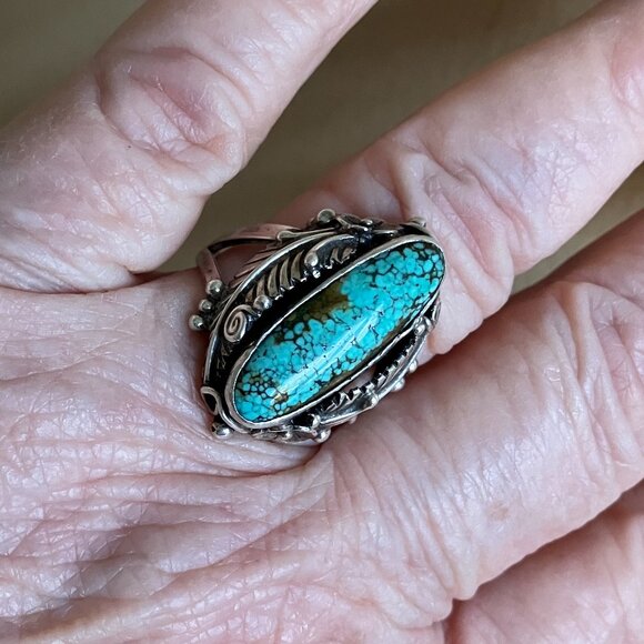 Exceptional Vintage Zuni Raymond Gasper Signed Turquoise Sterling Ornate Ring - Picture 7 of 10